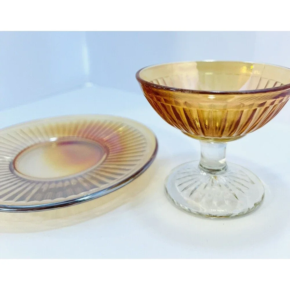 Imperial Marigold Carnival Glass Sherbet Dish & Underplate Vintage Set